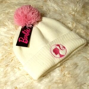 Barbie (Ivory) Beanie with Pink Pom Pom